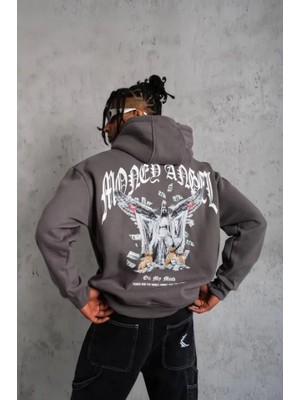 Çamaşır Kenti Erkek Kordon Ipli Baskılı Kapüşonlu Sweatshirt - Füme
