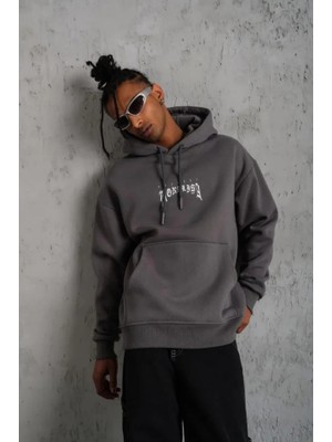 Çamaşır Kenti Erkek Baskılı Kapüşonlu ve Kanguru Cepli Sweat- Gri