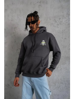 Çamaşır Kenti Erkek Kordonlu Maske Baskılı Kapşonlu Sweat - Gri