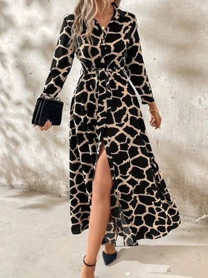 Çamaşır Kenti Kadın Uzun Kollu Yakalı Önü Düğmeli Desenli Belden Kuşaklı Uzun Süprem Elbise