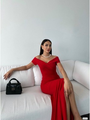 Çamaşır Kenti Kadın Dalgıç Kumaş Kayık Yaka ve Dekolte Detaylı Elbise