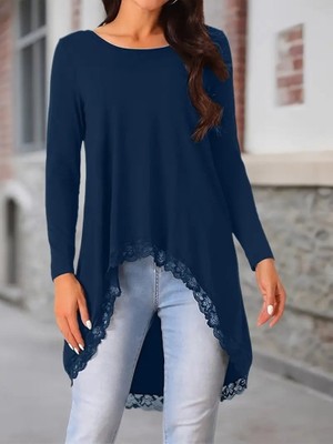 Çamaşır Kenti Kadın Uzun Kollu Bisiklet Yaka Asimetrik Kesim Detaylı Dantelli Viskon Bluz