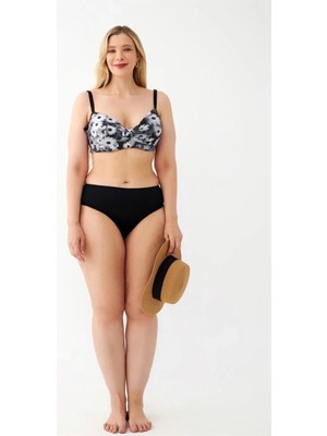 Kadın Papatya Desenli Gri Büyük Beden Bikini Takımı