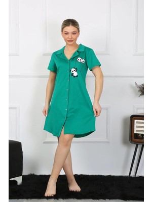 Pileli Store Kadın Pamuklu Penye Kısa Kol Düğmeli Yeşil Tunik Gecelik