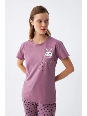 Pileli Store Kadın Mor Patili Tavşan Baskılı Cepli Pijama Takımı