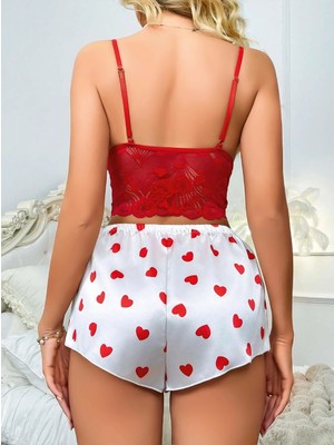 Pileli Store Kadın Kırmızı Kalp Desenli Şort Askılı Dantel Üst Pijama Takımı 2218