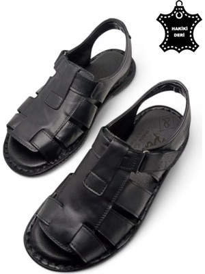 Magic Shoes Siyah Hakiki Deri Ortopedik Erkek Sandalet Cırtlı Bağlama ile Günlük Rahatlık Sunar
