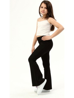 Neslice Kız Çocuk Siyah Yüksel Bel Tayt Pantolon %92 Pamuklu Ispanyol Paça Tasarım