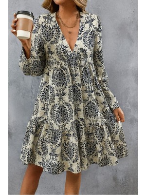 Marsilyan Kadın Uzun Kollu V Yakalı Fırfırlı Mini Süprem Elbise