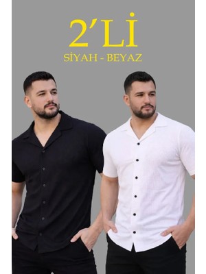 Marsilyan Erkek Waffle Dokuma Açık Yakalı Düğmeli Regular Kalıp 2’li Gömlek Seti - Siyah - Beyaz