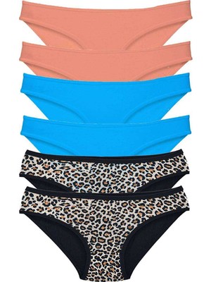 Pileli Store 6 Adet Likralı Kadın Slip Külot Leopar Pudra Mavi