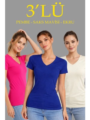 Kadın V Yaka Tişört Kısa Kol Slim Fit T-Shirt 3'lü Set Pembe-Saks Mavi-Ekru