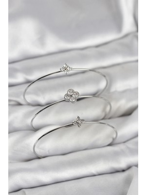 MiraLive Zirkon Taşlı Gümüş Renk Yonca Tasarım 3'lü Kadın Bileklik Kombini