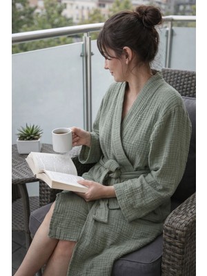 Ces Home Yeşil Renk 4 Kat Müslin Sabahlık/bornoz