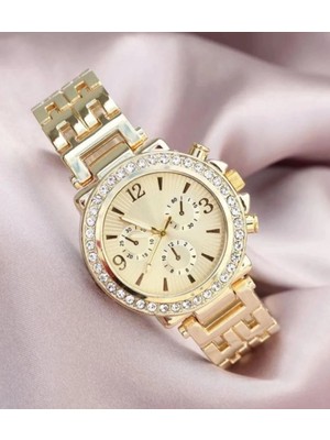 MiraLive Zarif ve Şık Özel Tasarım Zirkon Taşlı Metal Bayan Kol Saati (Gold)