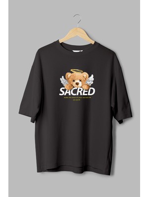 Overoz Teddy Bear Sacred Kutsal Melek Baskılı Yarı Oversize Unisex Siyah T-Shirt 1096