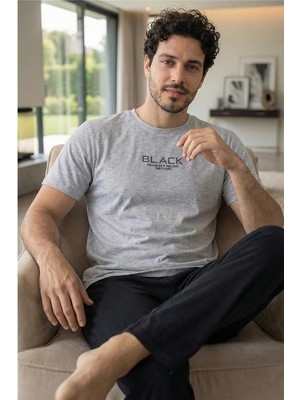 Pijama Evi Urban Silver Black Baskılı Kısa Kollu Cotton Erkek pijama takımı