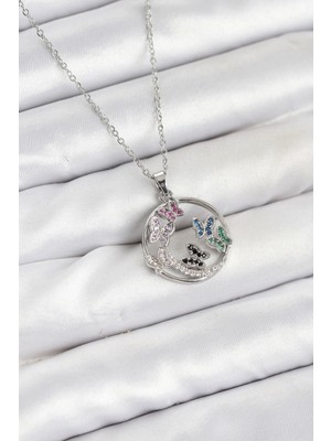 MiraLive 316L Çelik Zincir Gümüş Renk Zirkon Taşlı Kelebekli Kadın Kolye