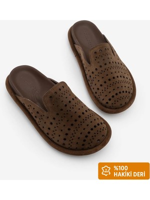 Marjin Kadın Hakiki Deri Delikli Geometrik Desenli Sabo Günlük Terlik Yofin Kahve Süet