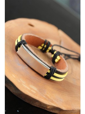 MiraLive Metal Aksesuarlı Sarı Siyah Renk Deri Erkek Bileklik