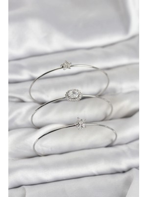 MiraLive Zirkon Taşlı Gümüş Renk Tek Taş Model 3'lü Kadın Bileklik Kombini