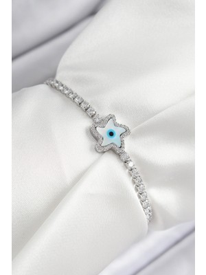 MiraLive Pirinç Zirkon Taşlı Nazar Yıldız Model Gümüş Renk Asansörlü Kadın Bileklik