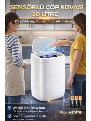 MiraLive Akıllı Teknolojik Sensörlü Otomatik Açılan Kapak 20 Litre Çöp Kovası Uv Işıklı