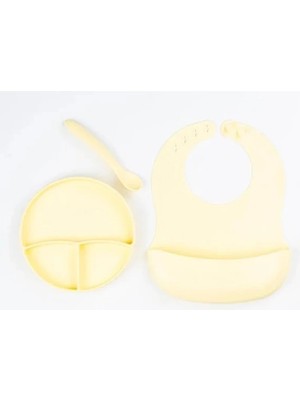 MiraLive Sarı 3’lü Silikon Yemek Seti – Önlük + Diş Kaşıyıcılı Kaşık + Vakumlu Tabak
