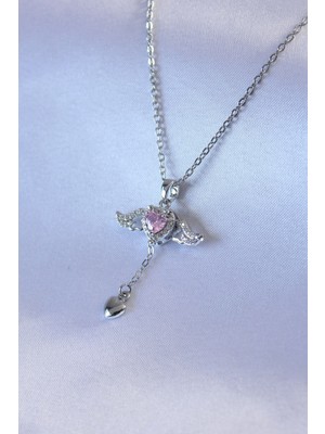 MiraLive 316L Çelik Gümüş Renk Kanatlı Kalp Figür Zirkon Taş Detay Kadın Kolye