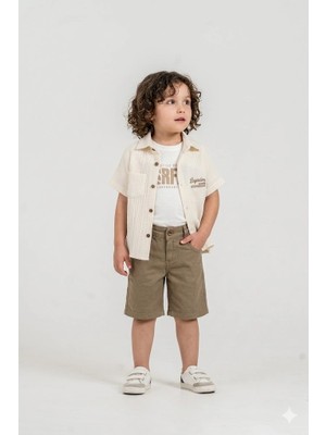 Bontino Erkek Çocuk %100 Pamuk Müslin Gömlek, Tişört ve Şortlu Premium Takım + Şapka Hediyeli