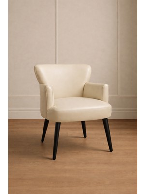 Waterybrook Tekli Berjer Koltuk - Suni Deri - Siyah Ahşap Ayaklı - Modern Retro Tasarım - Ofis ve Salon Koltuğu