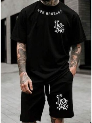 Punix Punıx Büyük Beden Los Angeles Baskılı Gothıc Yazı Stili Şık Erkek Battal Yazlık Şort T-Shırt Takım