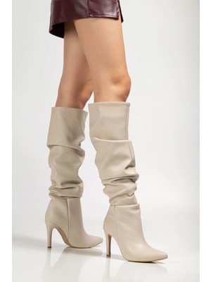 Antakya Yöresi SYT-2003 Bej Körüklü Ince Topuklu Günlük Bayan Çizme