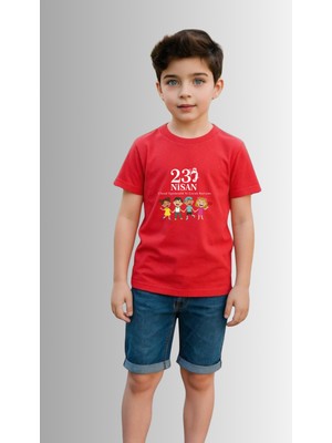 Windy Island Çocuk Unisex Kız/erkek "23 Nisan Baskılı Bisiklet Yaka Kısa Kollu %100 Pamuk T-Shirt