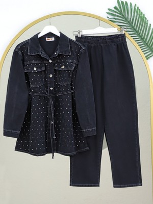 Modamorfo Serpme Taşlı Düğmeli Ceket Pantolon Kot Takım  -Siyah