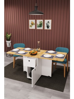 Asra Trend Lüks Katlanır Mutfak Yemek Masası %100 MDF Pratik Çekmeceli Çalışma Masası KM02