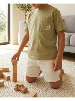 Nk Erkek Çocuk %100 Pamuklu 2’li Yazlık Takım Açık Yeşil Cepli Tişört Krem Şort Pamuklu Rahat Günlük Şık Kombin
