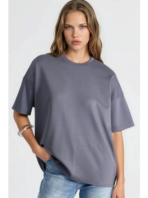 Hiccup Kadınlar Oversize Bisiklet Yaka Modal Touch Örme Tişört Gri