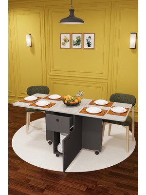 Asra Trend Lüks Katlanır Mutfak Yemek Masası %100 MDF Pratik Çekmeceli Çalışma Masası KM04