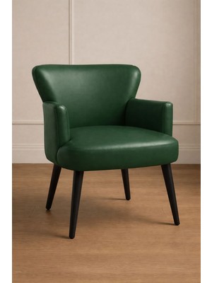 Waterybrook Tekli Berjer Koltuk - Suni Deri - Siyah Ahşap Ayaklı - Modern Retro Tasarım - Ofis ve Salon Koltuğu