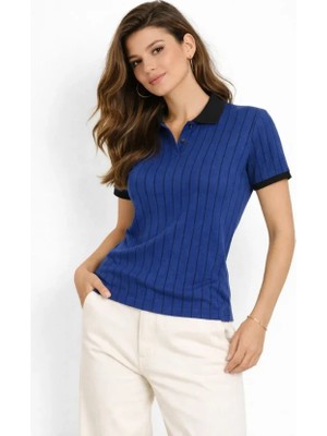 Çamaşır Kenti Polo Yaka Çizgili Tişört Kısa Kol Düğmeli Yazlık T-Shirt - Saks Mavisi