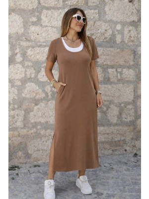 MiraLive Miray- Kadın Kısa Kollu Içi Atlet Görünümlü Yandan Yırtmaçlı Uzun Viskon Elbise