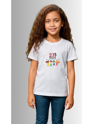 Windy Island Çocuk Unisex Kız/erkek "23 Nisan Baskılı Bisiklet Yaka Kısa Kollu %100 Pamuk T-Shirt