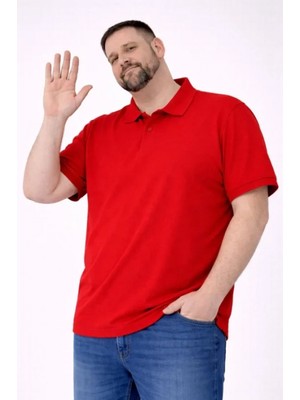 MiraLive Miray- Erkek Pike Kumaş Düğmeli Yaka Battal Büyük Beden Günlük Kısa Kol Tişört T-Shirt - Kırmızı
