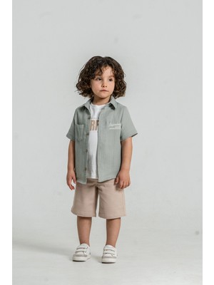 Bontino Erkek Çocuk %100 Pamuk Müslin Gömlek, Tişört ve Şortlu Premium Takım + Şapka Hediyeli