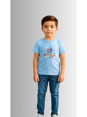 Windy Island Çocuk Unisex Kız/erkek "23 Nisan Baskılı Bisiklet Yaka Kısa Kollu %100 Pamuk T-Shirt