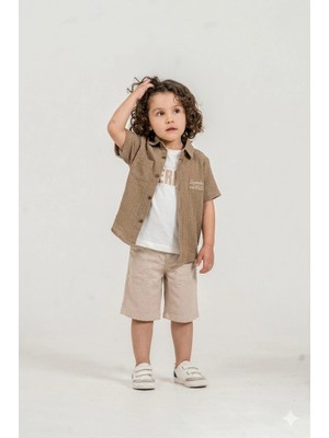 Bontino Erkek Çocuk %100 Pamuk Müslin Gömlek, Tişört ve Şortlu Premium Takım + Şapka Hediyeli