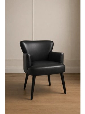 Waterybrook Tekli Berjer Koltuk - Suni Deri - Siyah Ahşap Ayaklı - Modern Retro Tasarım - Ofis ve Salon Koltuğu