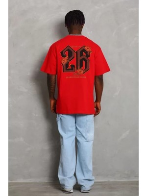 MiraLive Miray- Unisex Oversize Baskılı Bisiklet Yaka T-Shirt - Kırmızı