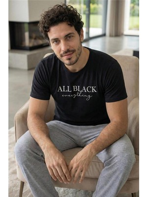 Pijama Evi Midnight All Black Baskılı Kısa Kollu Cotton Erkek pijama takımı